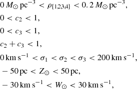 Mathematical equation: $$ \begin{aligned} \begin{split}&0\,M_\odot \,\mathrm{pc^{-3}}<\rho _{\{1,2,3,4\}}<0.2\,M_\odot \,\mathrm{pc^{-3}}, \\&0 < c_2 < 1, \\&0 < c_3 < 1, \\&c_2 + c_3 < 1, \\&0\,\mathrm{km\,s^{-1}}<\sigma _1<\sigma _2<\sigma _3<200\,\mathrm{km\,s^{-1}}, \\&-50\,\mathrm{pc} < Z_\odot < 50\,\mathrm{pc}, \\&-30\,\mathrm{km\,s^{-1}}< W_\odot < 30\,\mathrm{km\,s^{-1}}, \end{split} \end{aligned} $$