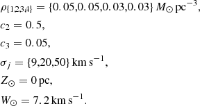 Mathematical equation: $$ \begin{aligned}&\rho _{\{1,2,3,4\}} = \{0.05,0.05,0.03,0.03\}\,M_\odot \,\mathrm{pc^{-3}}, \nonumber \\&c_2 = 0.5, \nonumber \\&c_3 = 0.05, \nonumber \\&\sigma _j = \{9,20,50\}\,\mathrm{km\,s^{-1}}, \nonumber \\&Z_\odot = 0\,\mathrm{pc}, \nonumber \\&W_\odot = 7.2\,\mathrm{km\,s^{-1}}. \end{aligned} $$
