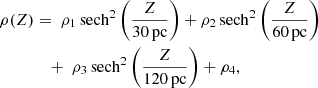 Mathematical equation: $$ \begin{aligned} \rho (Z)&= \; \rho _1\, \mathrm{sech}^2 \left( \frac{Z}{30\,\mathrm{pc}} \right)+ \rho _2\, \mathrm{sech}^2 \left( \frac{Z}{60\,\mathrm{pc}} \right) \nonumber \\&\quad +\; \rho _3\, \mathrm{sech}^2 \left( \frac{Z}{120\,\mathrm{pc}} \right)+ \rho _4, \end{aligned} $$