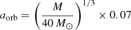 Mathematical equation: $ a_{\mathrm{orb}} = \left(\frac{M}{40\,M_{\odot}}\right)^{1/3} \times 0.07 $