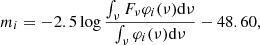 Mathematical equation: $$ \begin{aligned} m_i=-2.5\log \frac{\int _{\nu }F_{\nu }\varphi _{i} (\nu )\mathrm{d}\nu }{\int _{\nu }\varphi _{i}(\nu )\mathrm{d}\nu }-48.60, \end{aligned} $$