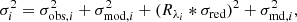 Mathematical equation: $$ \begin{aligned} \sigma _i^{2}=\sigma _{\mathrm{obs},i}^{2}+\sigma _{\mathrm{mod},i}^{2}+(R_{\lambda _i}*\sigma _{\rm red})^2 +\sigma _{\mathrm{md},i}^{2} , \end{aligned} $$