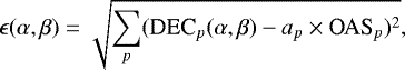 Mathematical equation: \begin{equation*}\epsilon(\alpha,\beta) = \sqrt{\sum_p (\text{DEC}_p(\alpha,\beta)-a_p\times\text{OAS}_p)^2}, \vspace*{-4pt}\end{equation*}