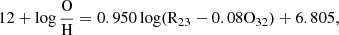Mathematical equation: $$ \begin{aligned} 12+\log \frac{\mathrm{O}}{\mathrm{H}} = 0.950\log (\mathrm{R}_{23}-0.08\mathrm{O}_{32})+6.805, \end{aligned} $$
