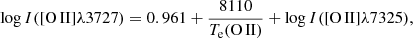 Mathematical equation: $$ \begin{aligned} \log I(\mathrm{[O\, II]}\lambda 3727) = 0.961 + \frac{8110}{T_{\mathrm{e}}(\mathrm{O\, II})}+ \log I(\mathrm{[O\, II]}\lambda 7325), \end{aligned} $$
