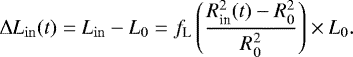 Mathematical equation: \begin{equation*}\Delta L_{\mathrm{in}}(t) = L_{\mathrm{in}} - L_0= f_{\textrm{L}} \left (\frac{R^2_{\textrm{in}}(t) - R^2_0}{R^2_0} \right ) \times L_0. \end{equation*}