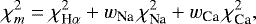 Mathematical equation: \begin{equation*} \chi^2_m = \chi^2_{\textrm{H}\alpha} + w_{\textrm{Na}}\, \chi^2_{\textrm{Na}} + w_{\textrm{Ca}}\, \chi^2_{\textrm{Ca}}, \end{equation*}