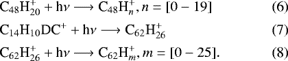 Mathematical equation: \begin{eqnarray}&&\hspace*{-6pt}\textrm{C}_{48}\textrm{H}_{20}^+ + \textrm{h}\nu \longrightarrow {\textrm{C}}_{48}\textrm{H}_{n}^+, n=[0-19]\\[2pt] &&\hspace*{-6pt}\textrm{C}_{14}\textrm{H}_{10}\textrm{DC}^+ + \textrm{h}\nu \longrightarrow {\textrm{C}}_{62}\textrm{H}_{26}^+ \\[2pt] &&\hspace*{-6pt}\textrm{C}_{62}\textrm{H}_{26}^+ + \textrm{h}\nu \longrightarrow {\textrm{C}}_{62}\textrm{H}_{m}^+, m=[0-25]. \end{eqnarray}