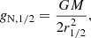 Mathematical equation: $$ \begin{aligned} { g}_{\rm N,1/2}={G M \over 2 r_{1/2}^2}, \end{aligned} $$