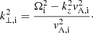 Mathematical equation: $$ \begin{aligned} k_{\perp ,\mathrm i}^2 = \frac{\Omega _{\rm i}^2 - k_z^2{ v}_{\mathrm{A,i} }^2}{{ v}_{\mathrm{A,i} }^2}\cdot \end{aligned} $$