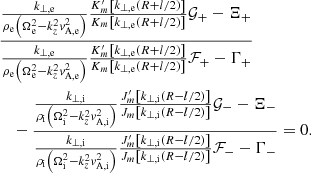 Mathematical equation: $$ \begin{aligned}&\frac{\frac{k_{\perp ,\mathrm e}}{\rho _{\rm e}\left( \Omega _{\rm e}^2 - k_z^2{ v}_{\mathrm{A,e} }^2 \right)} \frac{K^{\prime }_{m}\left[ k_{\perp ,\mathrm e}(R+l/2)\right]}{K_{m}\left[ k_{\perp ,\mathrm e}(R+l/2)\right]}\mathcal{G} _+ - \Xi _+}{\frac{k_{\perp ,\mathrm e}}{\rho _{\rm e}\left( \Omega _{\rm e}^2 - k_z^2{ v}_{\mathrm{A,e} }^2 \right)} \frac{K^{\prime }_{m}\left[ k_{\perp ,\mathrm e}(R+l/2)\right]}{K_{m}\left[ k_{\perp ,\mathrm e}(R+l/2)\right]}\mathcal{F} _+ - \Gamma _+} \nonumber \\&\quad -\frac{\frac{k_{\perp ,\mathrm i}}{\rho _{\rm i}\left( \Omega _{\rm i}^2 - k_z^2{ v}_{\mathrm{A,i} }^2 \right)} \frac{J^{\prime }_{m}\left[ k_{\perp ,\mathrm i}(R-l/2)\right]}{J_{m}\left[ k_{\perp ,\mathrm i}(R-l/2)\right]}\mathcal{G} _- - \Xi _-}{\frac{k_{\perp ,\mathrm i}}{\rho _{\rm i}\left( \Omega _{\rm i}^2 - k_z^2{ v}_{\mathrm{A,i} }^2 \right)} \frac{J^{\prime }_{m}\left[ k_{\perp ,\mathrm i}(R-l/2)\right]}{J_{m}\left[ k_{\perp ,\mathrm i}(R-l/2)\right]}\mathcal{F} _- - \Gamma _-} = 0. \end{aligned} $$