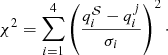 Mathematical equation: $$ \begin{aligned} \chi ^2 = \sum _{i=1}^4 \left( \frac{q_i^\mathcal{S} - q_i^j}{\sigma _i} \right)^2\cdot \end{aligned} $$