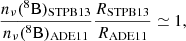 Mathematical equation: $$ \begin{aligned} \dfrac{n_{\nu }(^8\mathrm{B})_{\rm STPB13}}{n_{\nu }(^8\mathrm{B})_{\rm ADE11}} \dfrac{R_{\rm STPB13}}{R_{\rm ADE11}} \simeq 1 , \end{aligned} $$