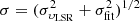 Mathematical equation: $ \sigma = (\sigma^{2}_{\upsilon_{\mathrm{LSR}}} + \sigma^{2}_{\mathrm{fit}})^{1/2} $