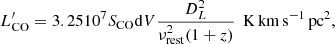 Mathematical equation: $$ \begin{aligned} L^{\prime }_{\mathrm{CO}} = 3.25 10^7 S_{\mathrm{CO}}\mathrm{d}V {{D_L^2}\over {\nu _{\mathrm{rest}}^2(1+z)}} \;\, \mathrm {K\,km \,s^{-1}\,pc^2}, \end{aligned} $$