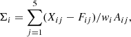 Mathematical equation: $$ \begin{aligned} \Sigma _i=\sum _{j=1}^5(X_{ij}-F_{ij})/\textit{w}_i A_{ij}, \end{aligned} $$