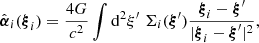 $$ \begin{aligned} {\hat{{\boldsymbol{\alpha }}}}_i({\boldsymbol{\xi }}_i)={4G\over c^2}\int \mathrm{{d}}^2\xi ^\prime \; \Sigma _i({\boldsymbol{\xi }}^\prime ){{\boldsymbol{\xi }}_i-{\boldsymbol{\xi }}^\prime \over |{\boldsymbol{\xi }}_i-{\boldsymbol{\xi }}^\prime |^2}, \end{aligned} $$