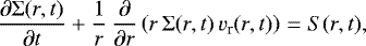 Mathematical equation: \begin{equation*} \frac{\partial \Sigma(r,t)}{\partial t} + \frac{1}{r}\, \frac{\partial}{\partial r}\left(r \, \Sigma(r,t) \, v_{\textrm{r}}(r,t) \right) = S(r,t),\end{equation*}