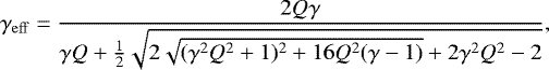 Mathematical equation: \begin{equation*} \gamma_{\mathrm{eff}} = \frac{2 Q \gamma}{\gamma Q + \frac{1}{2} \sqrt{2 \sqrt{(\gamma^{2}Q^{2}+1)^{2} + 16Q^{2}(\gamma - 1)} + 2 \gamma^{2}Q^{2} - 2}} ,\end{equation*}