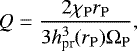 Mathematical equation: \begin{equation*} Q = \frac{2 \chi_{\mathrm{P}} r_{\mathrm{P}}}{3 h_{\textrm{pr}}^{3}(r_{\mathrm{P}}) \Omega_{\mathrm{P}}}, \end{equation*}