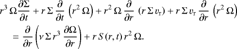 Mathematical equation: \begin{align*} &r^3\, \Omega \frac{\partial \Sigma}{\partial t} + r\, \Sigma \, \frac{\partial}{\partial t}\, \left( r^2 \, \Omega \right) + r^2 \, \Omega \, \frac{\partial}{\partial r}\, \left( r \, \Sigma \, v_{\mathrm{r}}\right) + r \, \Sigma \, v_{\mathrm{r}} \, \frac{\partial}{\partial r}\, \left( r^2 \, \Omega \right)\nonumber\\ &\quad= \frac{\partial}{\partial r}\left(\nu \, \Sigma \, r^3 \, \frac{\partial \Omega}{\partial r} \right) + r \, S(r,t) \, r^2 \, \Omega. \end{align*}