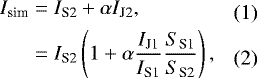 Mathematical equation: \begin{align}I_{\textrm{sim}} =\; & I_{\textrm{S2}} + \alpha I_{\textrm{J2}}, \\ =\; & I_{\textrm{S2}} \left( 1 + \alpha \frac{ I_{\textrm{J1}} }{ I_{\textrm{S1}} } \frac{ S_{\textrm{S1}} }{S_{\textrm{S2}} } \right),\end{align}