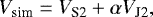 Mathematical equation: \begin{align*} V_{\textrm{sim}} = V_{\textrm{S2}} + \alpha V_{\textrm{J2}},\end{align*}