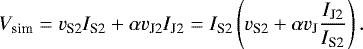 Mathematical equation: \begin{align*} V_{\textrm{sim}} = v_{\textrm{S2}} I_{\textrm{S2}} + \alpha v_{\textrm{J2}} I_{\textrm{J2}} = I_{\textrm{S2}}\left(v_{\textrm{S2}} + \alpha v_{\textrm{J}} \frac{I_{\textrm{J2}}}{I_{\textrm{S2}}} \right).\end{align*}