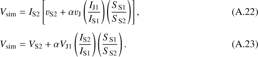 Mathematical equation: \begin{align}V_{\textrm{sim}} =\;& I_{\textrm{S2}}\left[v_{\textrm{S2}} + \alpha v_{\textrm{J}} \left(\frac{I_{\textrm{J1}}}{I_{\textrm{S1}}}\right) \left(\frac{S_{\textrm{S1}}}{S_{\textrm{S2}}}\right) \right], \\[4pt] V_{\textrm{sim}} =\;& V_{\textrm{S2}} + \alpha V_{\textrm{J1}} \left(\frac{I_{\textrm{S2}}}{I_{\textrm{S1}}}\right) \left(\frac{S_{\textrm{S1}}}{S_{\textrm{S2}}}\right).\vspace*{-2pt}\end{align}