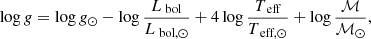 Mathematical equation: $$ \begin{aligned} \log { g} = \log { g}_\odot - \log \frac{L_\text{ bol}}{L_{\text{ bol},\odot }} + 4 \log \frac{T_\text{ eff}}{T_{\text{ eff},\odot }} + \log \frac{\mathcal{M} }{{\mathcal{M} }_\odot }, \end{aligned} $$