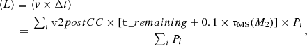 Mathematical equation: $$ \begin{aligned}&\langle L \rangle \equiv \langle v\times \Delta t\rangle \nonumber \\&\qquad =\frac{\sum _i \mathtt v2postCC \times [\mathtt t\_remaining +0.1\times \tau _\mathrm{MS} (M_2)] \times P_i}{\sum _i P_i}, \end{aligned} $$