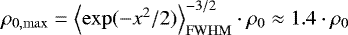 Mathematical equation: $\rho_{0,\mathrm{max}} = \left\langle\exp(-x^2/2) \right\rangle_{\mathrm{FWHM}} ^{-3/2}\cdot\rho_0 \approx 1.4\cdot\rho_0$