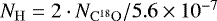 Mathematical equation: ${{N_{\mathrm{H}}}} = 2\cdot N_{{\mathrm{C}{^{18}}\mathrm{O}}}/5.6\times 10^{-7}$