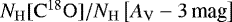 Mathematical equation: ${{N_{\mathrm{H}}}}[{\mathrm{C}{^{18}}\mathrm{O}}]/{{N_{\mathrm{H}}}}\left[{A_{\mathrm{V}}}-3\,\textrm{mag}\right]$