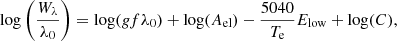 Mathematical equation: $$ \begin{aligned} \log \left(\frac{W_{\lambda }}{\lambda _0} \right) = \log ({g}f\lambda _0) + \log (A_{\rm el}) - \frac{5040}{T_{\rm e}}E_{\rm low} +\log (C) ,\end{aligned} $$
