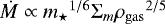 Mathematical equation: $\dot{M} \propto {m_{\star}}^{1/6} \Sigma_m{\rho_{\mathrm{gas}}}^{2/5}$