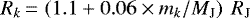 Mathematical equation: $R_k\,{=}\,\left(1.1+0.06 \times m_k/{M_{\textnormal{J}}}\right)~{R_{\textnormal{J}}}$