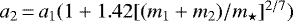 Mathematical equation: $a_2\,{=}\,a_1(1+1.42 [(m_1+m_2)/m_{\star}]^{2/7})$