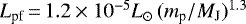 Mathematical equation: ${L_{\textrm{pf}}}\,{=}\,1.2\times10^{-5}{L_{\odot}}\, ({m_{\textrm{p}}}/{M_{\textnormal{J}}})^{1.3}$