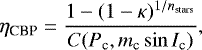 Mathematical equation: \begin{equation*} \eta_{\textrm{CBP}} = \frac{1-(1-\kappa)^{1/n_{\textrm{stars}}}}{C(P_{\textrm{c}},m_{\textrm{c}}\sin I_{\textrm{c}})}, \end{equation*}
