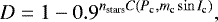 Mathematical equation: \begin{equation*} D=1-0.9^{n_{\textrm{stars}}C(P_{\textrm{c}},m_{\textrm{c}}\sin I_{\textrm{c}})}, \end{equation*}