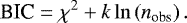Mathematical equation: \begin{equation*} \textrm{BIC} = \chi^2 + k\ln \left(n_{\textrm{obs}}\right){.} \end{equation*}