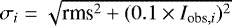 Mathematical equation: $\sigma_i = \sqrt{\textrm{rms}^2 + (0.1 \times I_{\textrm{obs},i})^2}$