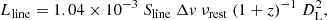 Mathematical equation: $$ \begin{aligned} L_{\rm line}=1.04\times 10^{-3}\ S_{\rm line}\ \Delta { v}\ \nu _{\rm rest}\ (1+z)^{-1}\ D^2_{\rm L}, \end{aligned} $$