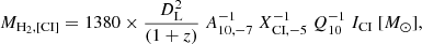 Mathematical equation: $$ \begin{aligned} M_{\rm H_2,[CI]} = 1380 \times \frac{D_{\rm L}^2}{(1+z)}\ A_{10,-7}^{-1}\ X_{\mathrm{CI},-5}^{-1}\ Q_{10}^{-1}\ I_{\rm CI}\ [M_{\odot }], \end{aligned} $$
