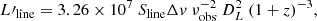 Mathematical equation: $$ \begin{aligned} L\prime _{\rm line} = 3.26\times 10^7\ S_{\rm line}\Delta { v}\ \nu _{\rm obs}^{-2}\ D_L^2\ (1+z)^{-3}, \end{aligned} $$
