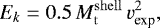Mathematical equation: \begin{equation*} E_k = 0.5 \, M_{\mathrm{t}}^{\mathrm{shell}} \, v_{\textrm{exp}}^2 ,\end{equation*}