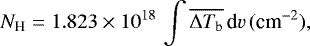 Mathematical equation: \begin{equation*} N_{\textrm{H}} = 1.823 \times 10^{18}\, \int{\overline{\Delta T_{\textrm{b}}}\, \textrm{d}v}\, (\textrm{cm}^{-2}), \end{equation*}