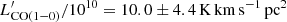 Mathematical equation: $ L^\prime_{\mathrm{CO}(1{-}0)}/10^{10}=10.0\pm4.4 \,{\rm K}\,{\rm km}\,{\rm s}^{-1}\,{\rm pc}^{2} $