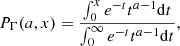 Mathematical equation: $$ \begin{aligned} P_\Gamma (a,x) = \frac{\int _0^x e^{-t}t^{a-1}\mathrm{d}t}{\int _0^\infty e^{-t}t^{a-1}\mathrm{d}t}, \end{aligned} $$